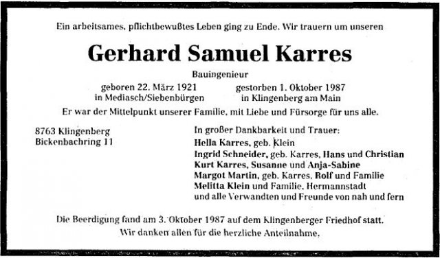 Karres Gerhard 1921-1987 Todesanzeige